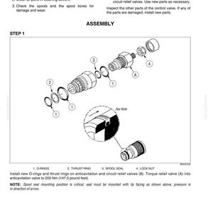 May include: A technical diagram titled INSPECTION and ASSEMBLY showing the installation of O-rings, thrust rings, spool seals, and a lock nut onto a valve component. The image includes numbered parts, a detailed inset view, and text instructions.