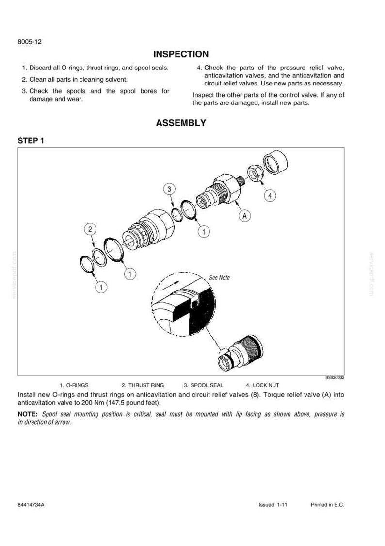 May include: A technical diagram titled INSPECTION and ASSEMBLY showing the installation of O-rings, thrust rings, spool seals, and a lock nut onto a valve component. The image includes numbered parts, a detailed inset view, and text instructions.