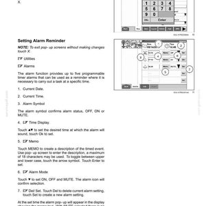 Op de afbeelding: Een pagina uit een technische handleiding getiteld 3-CONTROLS AND INSTRUMENTS met instructies voor het instellen van alarmherinneringen op een digitaal display. Het document bevat genummerde diagrammen van een touchscreen-interface met numerieke toetsenborden.