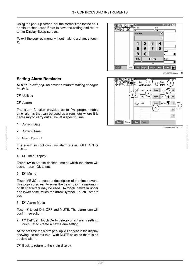 Op de afbeelding: Een pagina uit een technische handleiding getiteld 3-CONTROLS AND INSTRUMENTS met instructies voor het instellen van alarmherinneringen op een digitaal display. Het document bevat genummerde diagrammen van een touchscreen-interface met numerieke toetsenborden.
