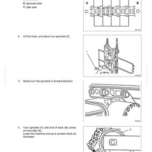 May include: A technical manual page titled TRACKS E485B detailing the installation process for machine tracks. It includes four numbered steps with black and white line drawings showing the sprocket side, idler side, and track placement.