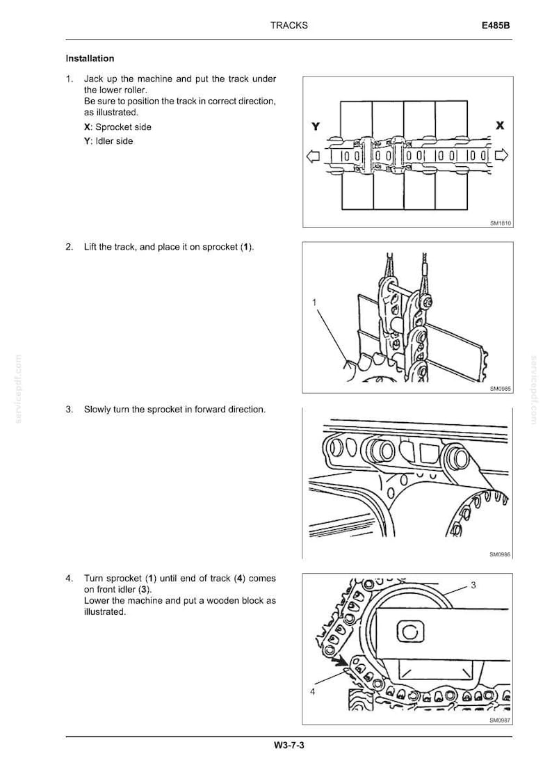 May include: A technical manual page titled TRACKS E485B detailing the installation process for machine tracks. It includes four numbered steps with black and white line drawings showing the sprocket side, idler side, and track placement.