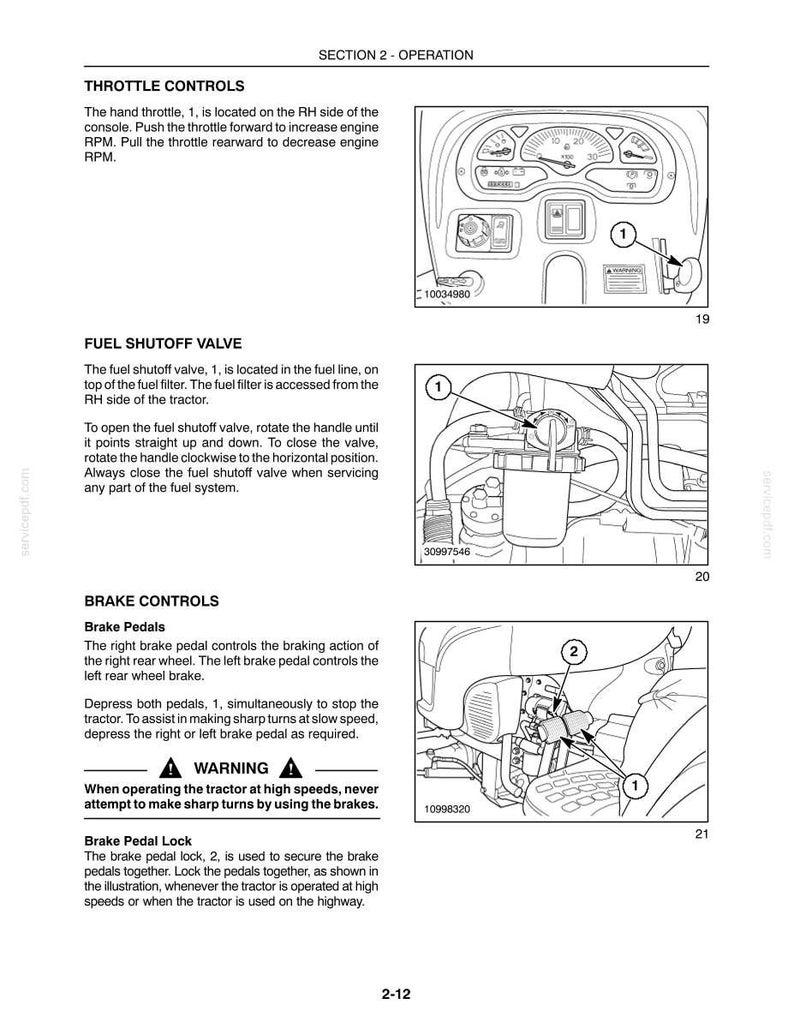 May include: A technical manual page titled SECTION 2 - OPERATION containing black and white line drawings of tractor controls. It illustrates throttle controls, a fuel shutoff valve, and brake pedals with numbered labels and instructional text.