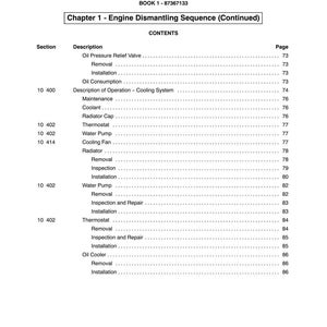 May include: A page from a manual titled "SECTION 10 - ENGINE" with a table of contents. The table lists engine components and procedures, including removal, installation, and inspection. The text is black on a white background.
