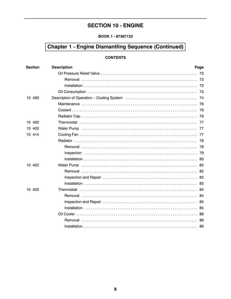 May include: A page from a manual titled "SECTION 10 - ENGINE" with a table of contents. The table lists engine components and procedures, including removal, installation, and inspection. The text is black on a white background.