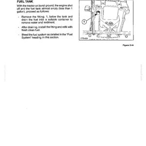 May include: A technical manual page titled 400 HOUR SERVICE, detailing fuel tank maintenance. It includes instructions to drain fuel into a container, refill with fresh fuel, and bleed the system, alongside a diagram labelled Figure 2-44.