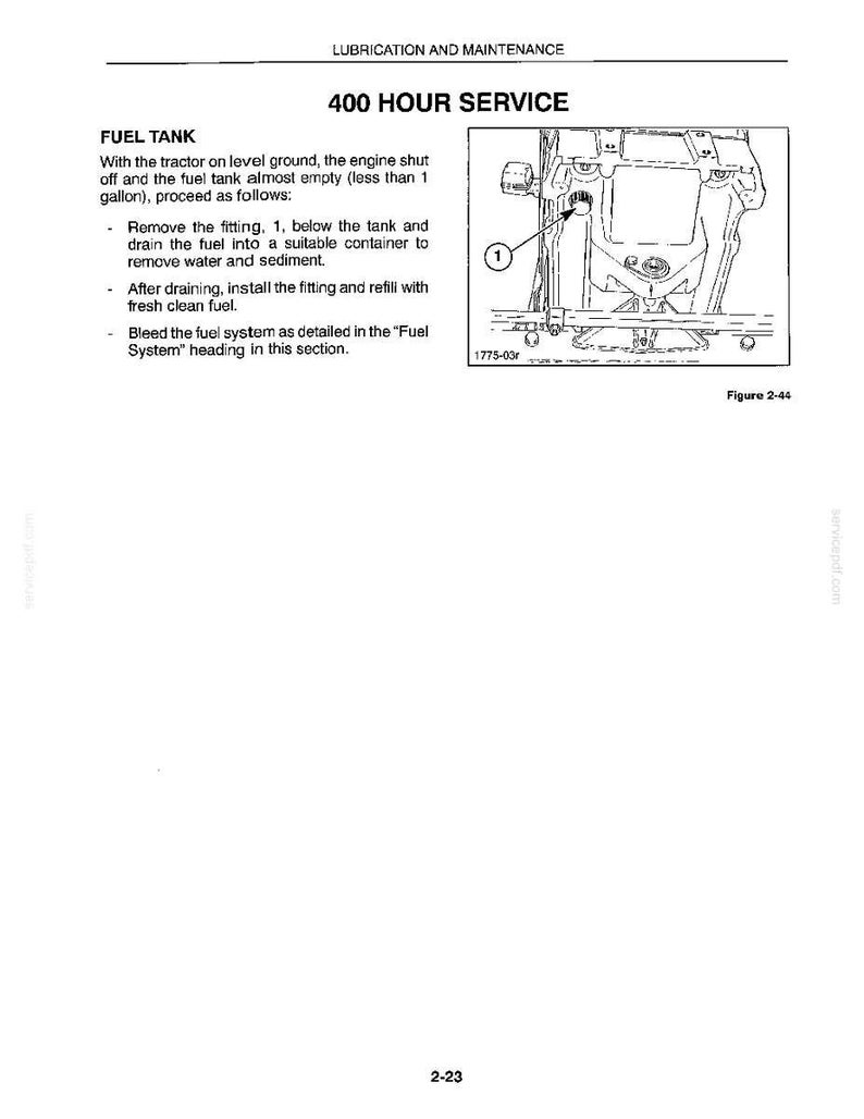May include: A technical manual page titled 400 HOUR SERVICE, detailing fuel tank maintenance. It includes instructions to drain fuel into a container, refill with fresh fuel, and bleed the system, alongside a diagram labelled Figure 2-44.