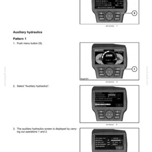 May include: Diagram of a machine control panel with a digital display. The screen shows various operational data and menu options. The text includes "Auxiliary hydraulics" and instructions for use. The image is a technical illustration.
