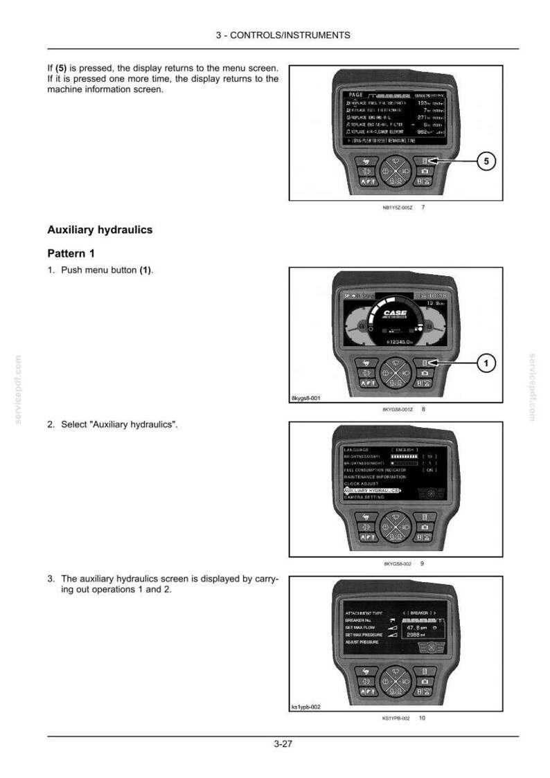 May include: Diagram of a machine control panel with a digital display. The screen shows various operational data and menu options. The text includes "Auxiliary hydraulics" and instructions for use. The image is a technical illustration.