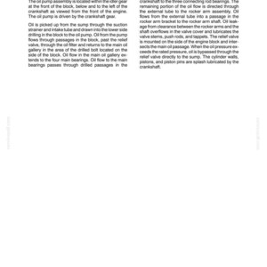 May include: A technical document page titled SECTION 10 - ENGINE - CHAPTER 1, containing a detailed description of the engine lubrication system operation. The text explains the oil pump assembly, oil flow paths, and relief valve functions.