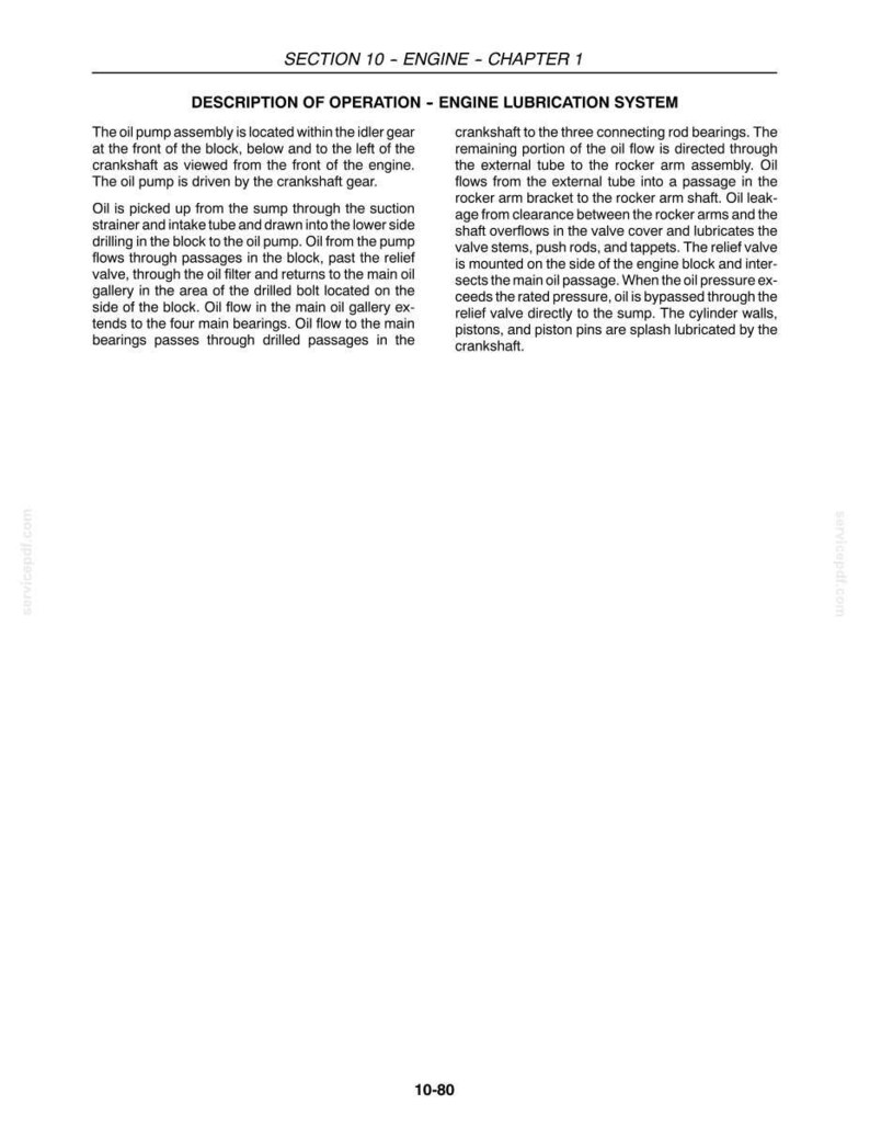 May include: A technical document page titled SECTION 10 - ENGINE - CHAPTER 1, containing a detailed description of the engine lubrication system operation. The text explains the oil pump assembly, oil flow paths, and relief valve functions.