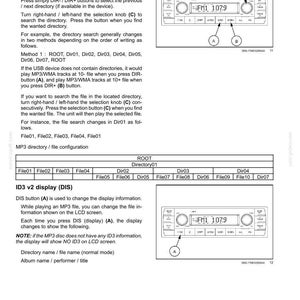 Puede incluir: Diagrama de una radio de coche con botones etiquetados y una pantalla que muestra "FM1 107.9". El texto explica c&oacute;mo navegar por directorios y archivos usando los botones.