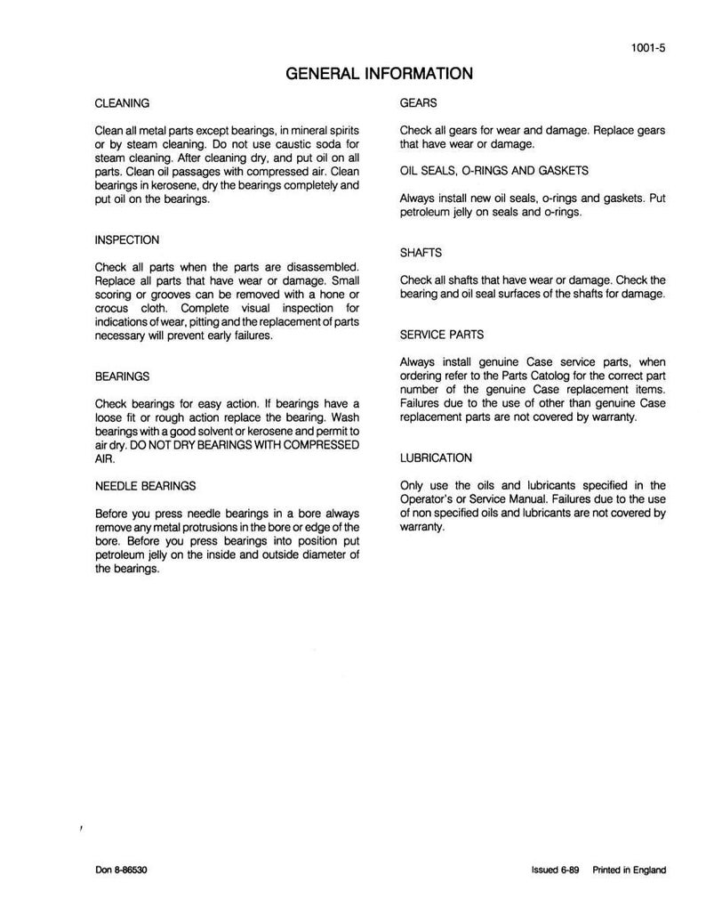 May include: A page from a manual with the title "GENERAL INFORMATION" and numbered sections on cleaning, inspection, bearings, and needle bearings. Other sections include gears, oil seals, shafts, service parts, and lubrication. The document is printed in England.