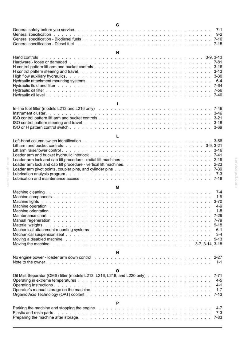 May include: A black and white index page from a technical manual, organised alphabetically from G to P. It lists various machine components, maintenance procedures, and operational controls with corresponding page numbers for quick reference.