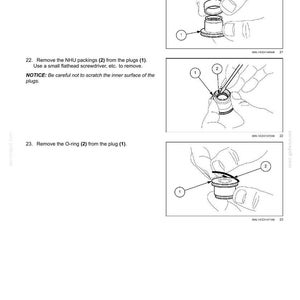 May include: Diagrams illustrating steps for hydraulic foot control maintenance. Instructions include removing grease cups, NHU packings, and O-rings from plugs. The image shows close-ups of the components and tools used.