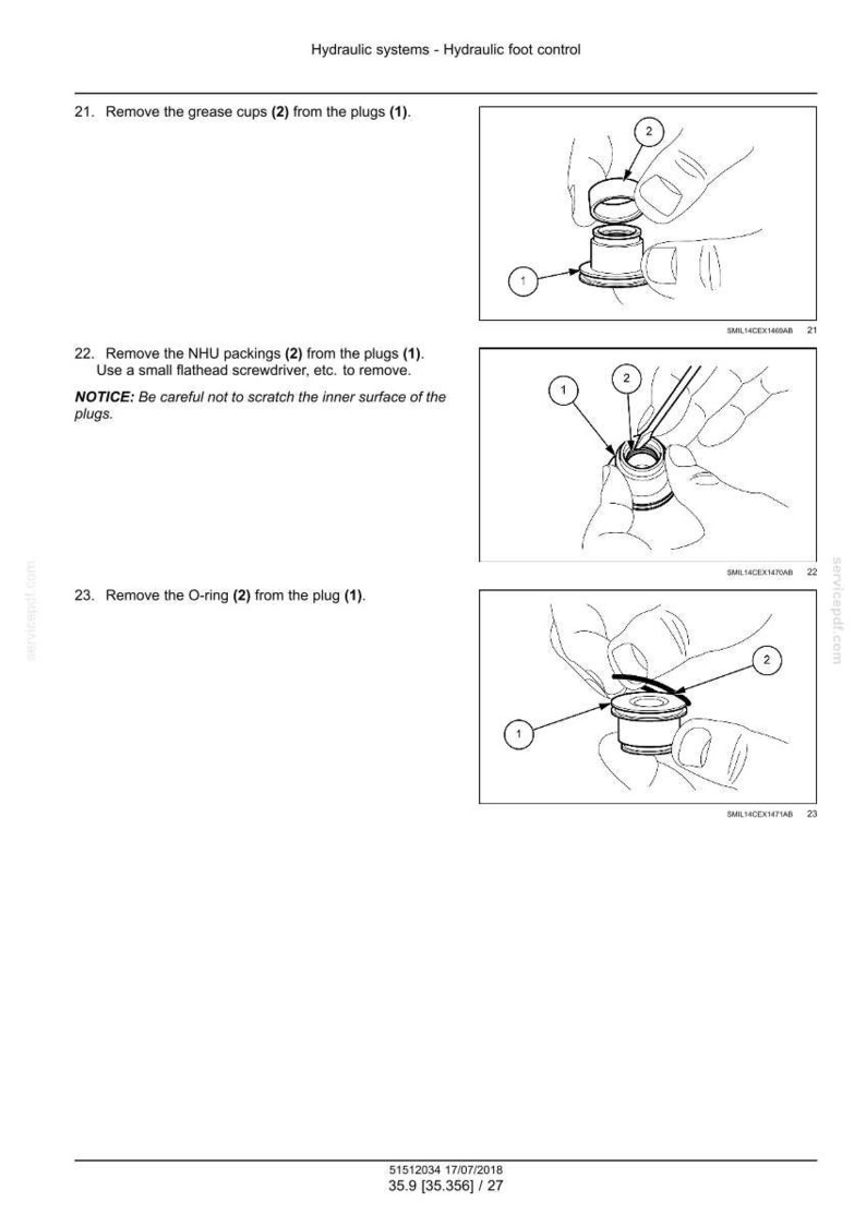 May include: Diagrams illustrating steps for hydraulic foot control maintenance. Instructions include removing grease cups, NHU packings, and O-rings from plugs. The image shows close-ups of the components and tools used.