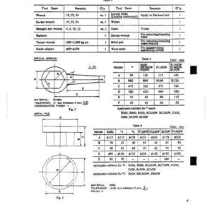 Puede incluir: Una p&aacute;gina de documento t&eacute;cnico titulada 3. DISASSEMBLY AND ASSEMBLY, que presenta la Tabla 2 con una lista de herramientas, la Tabla 3 con dimensiones para una llave especial y la Tabla 4 con dimensiones para una almohadilla met&aacute;lica, incluyendo diagramas Fig. 5 y Fig. 6.