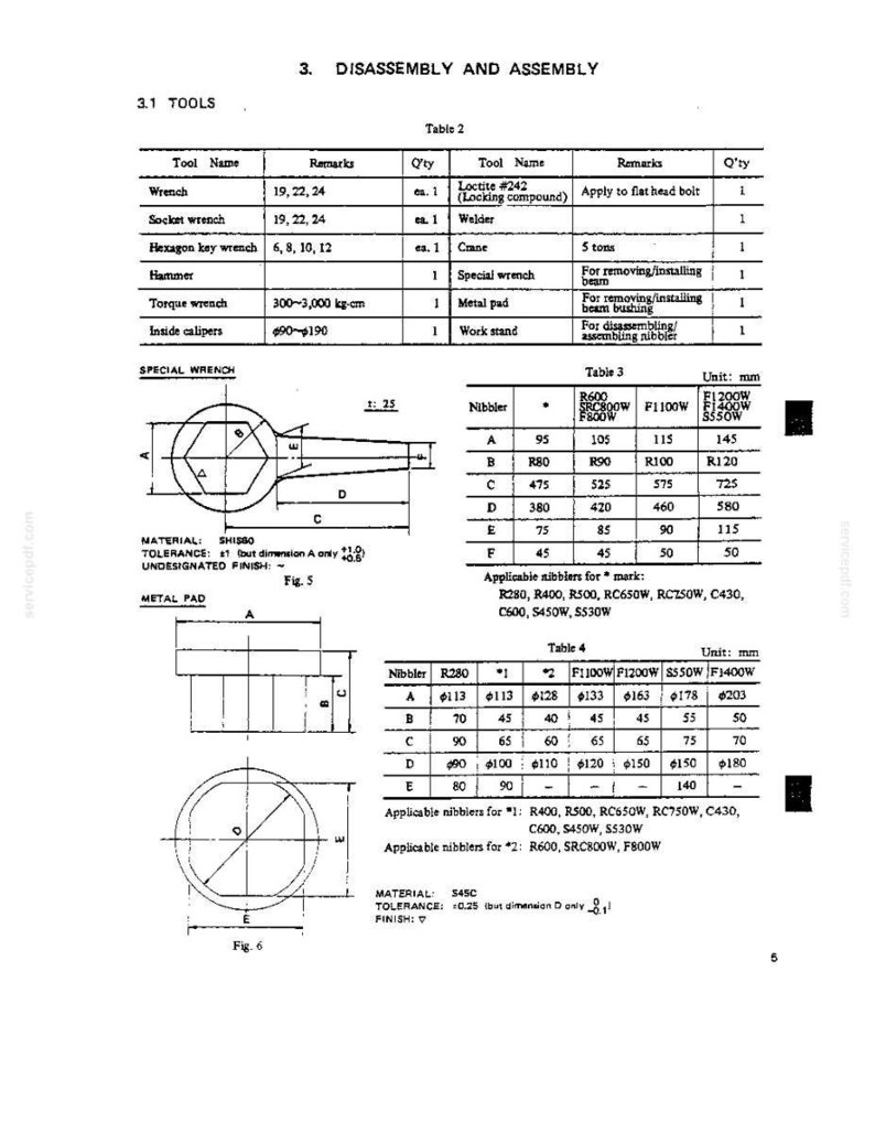 Puede incluir: Una p&aacute;gina de documento t&eacute;cnico titulada 3. DISASSEMBLY AND ASSEMBLY, que presenta la Tabla 2 con una lista de herramientas, la Tabla 3 con dimensiones para una llave especial y la Tabla 4 con dimensiones para una almohadilla met&aacute;lica, incluyendo diagramas Fig. 5 y Fig. 6.
