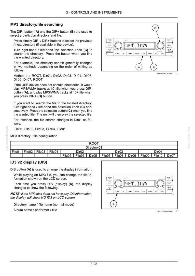 K&ouml;nnte beinhalten: Eine Seite aus einem technischen Handbuch mit dem Titel 3-CONTROLS AND INSTRUMENTS, die Anweisungen zur MP3-Verzeichnis- und Dateisuche f&uuml;r ein Autoradio enth&auml;lt. Sie umfasst zwei Diagramme einer Radiofront mit Tasten A, B, C und eine Tabelle.
