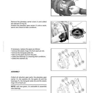 May include: Diagram of rear axle components with labels. Includes planetary carrier cover, screws, O-ring, elastic rings, triangular plate, gears, bearings, and washers. Instructions for assembly and replacement are also shown.