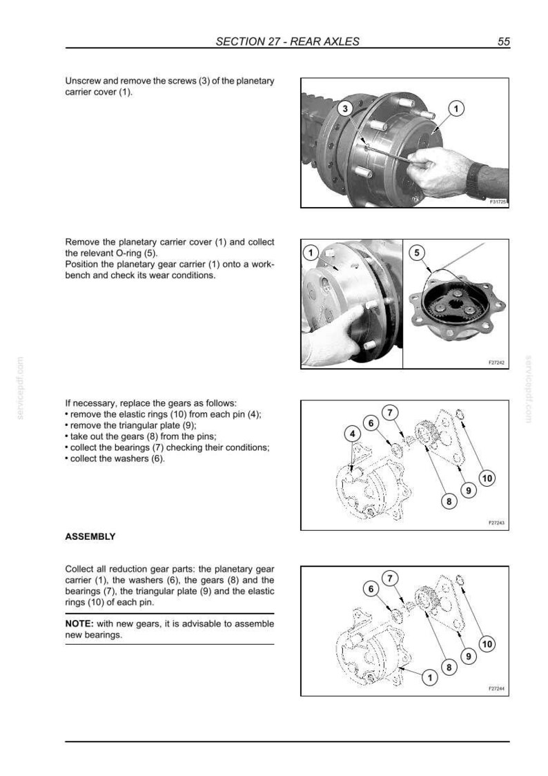 May include: Diagram of rear axle components with labels. Includes planetary carrier cover, screws, O-ring, elastic rings, triangular plate, gears, bearings, and washers. Instructions for assembly and replacement are also shown.