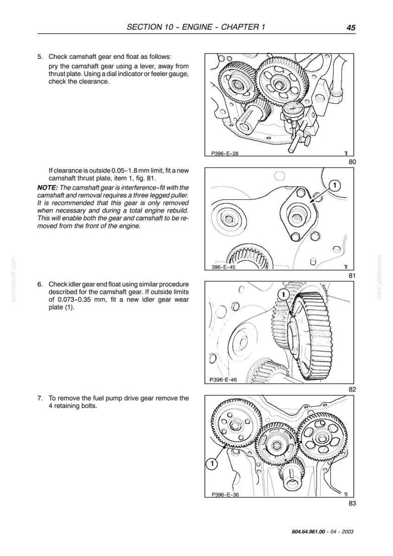 Pu&ograve; includere: Diagramma tecnico da un manuale che illustra componenti del motore, tra cui ingranaggi e una piastra di spinta. Il testo recita "SECTION 10 - ENGINE - CHAPTER 1". L'immagine &egrave; un'illustrazione tecnica con etichette e misure in millimetri.