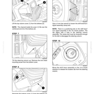 May include: A series of black and white diagrams illustrating steps for automotive repair. The diagrams show the removal of a steering column cover, with labels and arrows indicating specific parts and procedures. Text instructions accompany each step.