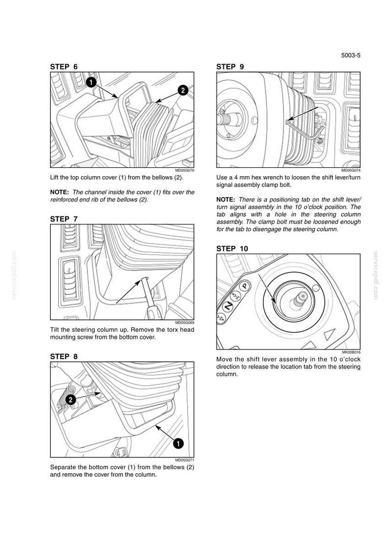 May include: A series of black and white diagrams illustrating steps for automotive repair. The diagrams show the removal of a steering column cover, with labels and arrows indicating specific parts and procedures. Text instructions accompany each step.