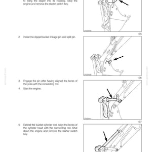 May include: Diagram from a maintenance manual showing the installation steps for a machine component. The illustrations are in black and white, with arrows pointing to specific parts. Text includes instructions for starting the engine and aligning components.