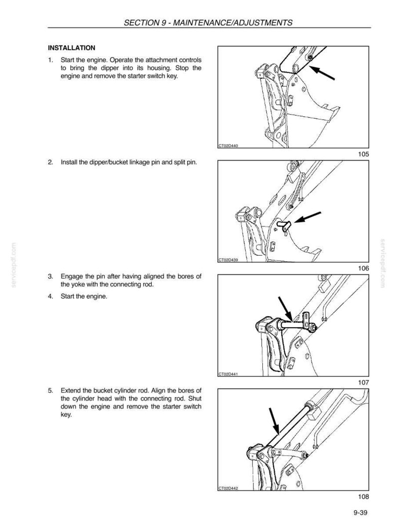 May include: Diagram from a maintenance manual showing the installation steps for a machine component. The illustrations are in black and white, with arrows pointing to specific parts. Text includes instructions for starting the engine and aligning components.