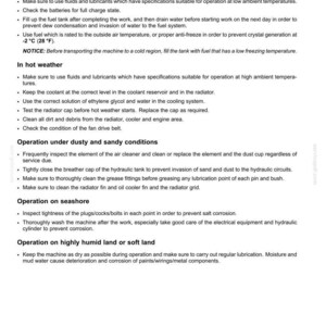 May include: Operating instructions for a machine in hot or cold weather, including maintenance tips for various conditions like dusty, sandy, humid, or seashore environments. The document provides detailed guidelines.
