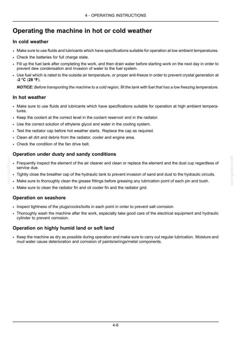 May include: Operating instructions for a machine in hot or cold weather, including maintenance tips for various conditions like dusty, sandy, humid, or seashore environments. The document provides detailed guidelines.