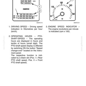 Op de afbeelding: Een technisch diagram met een digitale tractormeter en een toerenteller voor de motor. De digitale meter toont de snelheid in km/u en bedrijfsuren. De analoge toerenteller is voorzien van een naaldindicator voor het motortoerental.
