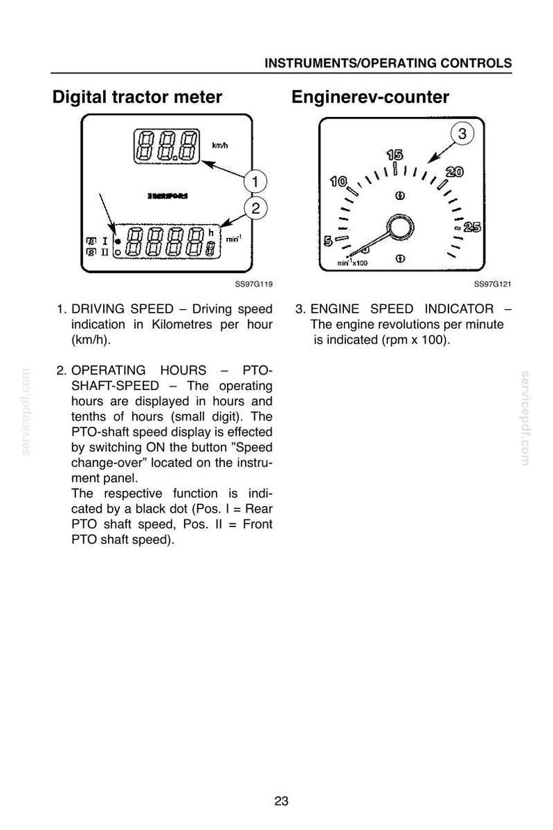 Op de afbeelding: Een technisch diagram met een digitale tractormeter en een toerenteller voor de motor. De digitale meter toont de snelheid in km/u en bedrijfsuren. De analoge toerenteller is voorzien van een naaldindicator voor het motortoerental.