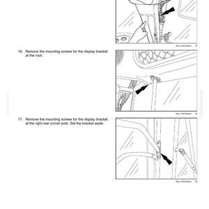 May include: Diagrams illustrating the removal of interior trim and panels from a vehicle's cab. Instructions include removing trim pieces, mounting screws for the display bracket at the roof and right rear corner post. Text includes "Platform, cab, bodywork, and decals - Cab interior trim and panels."