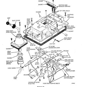 May include: An exploded diagram of a mechanical assembly, likely part of a vehicle's transmission system. The image is a detailed technical illustration with labels pointing to various components like springs, bolts, and levers. The diagram is in black and white.