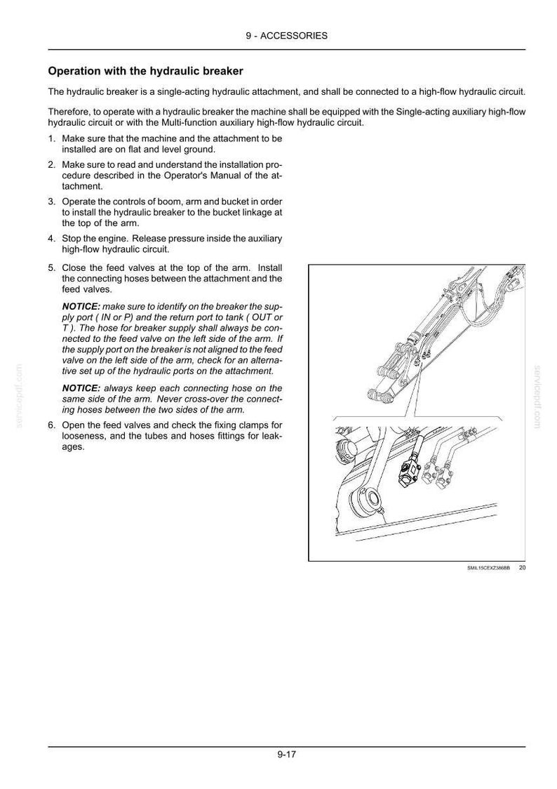 May include: Diagram of a hydraulic breaker attachment with text instructions. The image includes a detailed illustration of the breaker's components and connection points, with numbered steps for operation and safety notices.