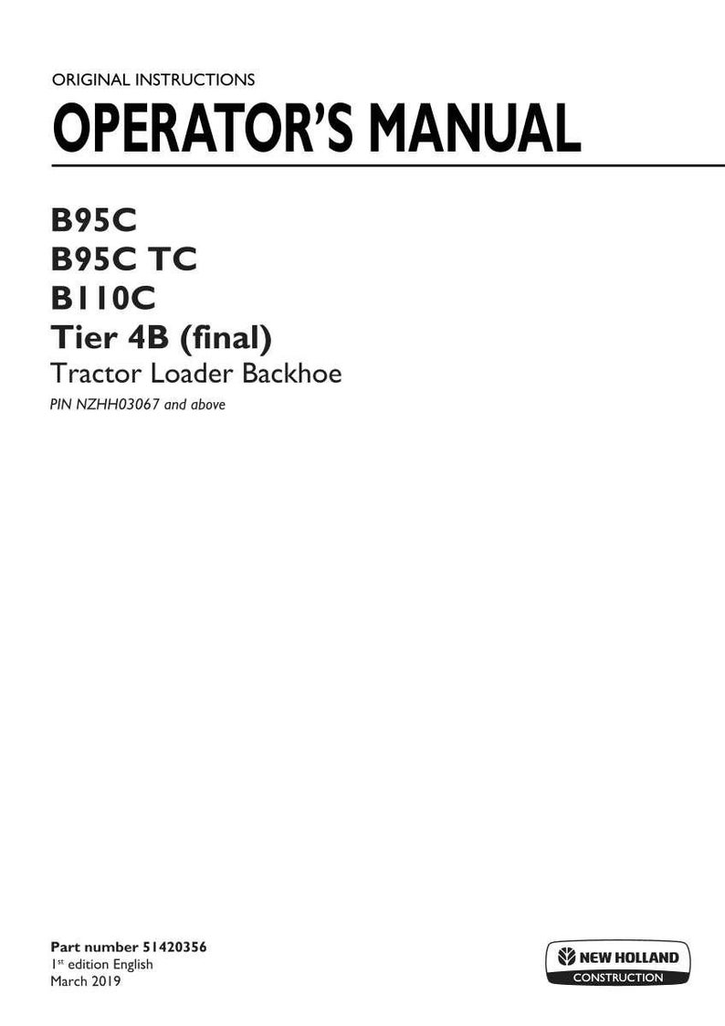 Manual de operación y mantenimiento del tractor New Holland B95c, B95c Tc, B110C Tier 4B (final) / Descarga instantánea en PDF imagen 3