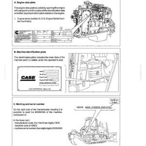 May include: A page from a manual with the title "IDENTIFICATION DATA." It includes diagrams and text detailing engine and machine identification, including serial numbers and manufacturer codes. The image also shows a diagram of a CASE machine.