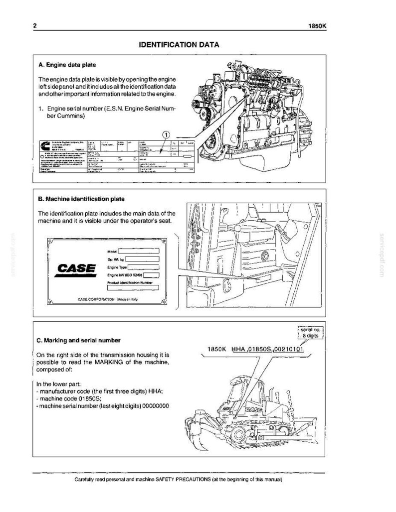 May include: A page from a manual with the title "IDENTIFICATION DATA." It includes diagrams and text detailing engine and machine identification, including serial numbers and manufacturer codes. The image also shows a diagram of a CASE machine.