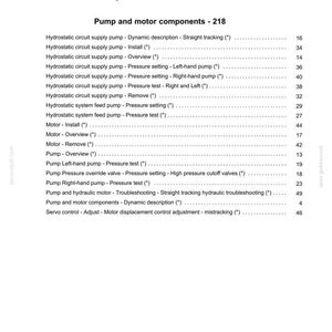 May include: Index page for hydrostatic drive components, featuring a detailed table of contents. The document lists various pump and motor components, including descriptions, installation, and pressure settings. The page includes a note about specific model content.