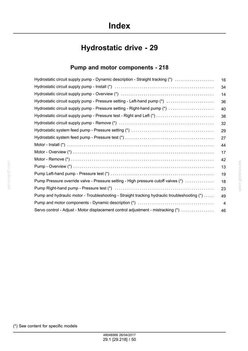 May include: Index page for hydrostatic drive components, featuring a detailed table of contents. The document lists various pump and motor components, including descriptions, installation, and pressure settings. The page includes a note about specific model content.