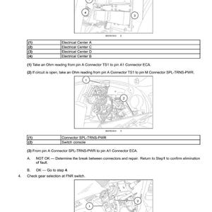 May include: Diagram of electrical components with fault codes. Includes images of electrical centers, connectors, and switch consoles. Text instructions detail troubleshooting steps for electrical system faults.