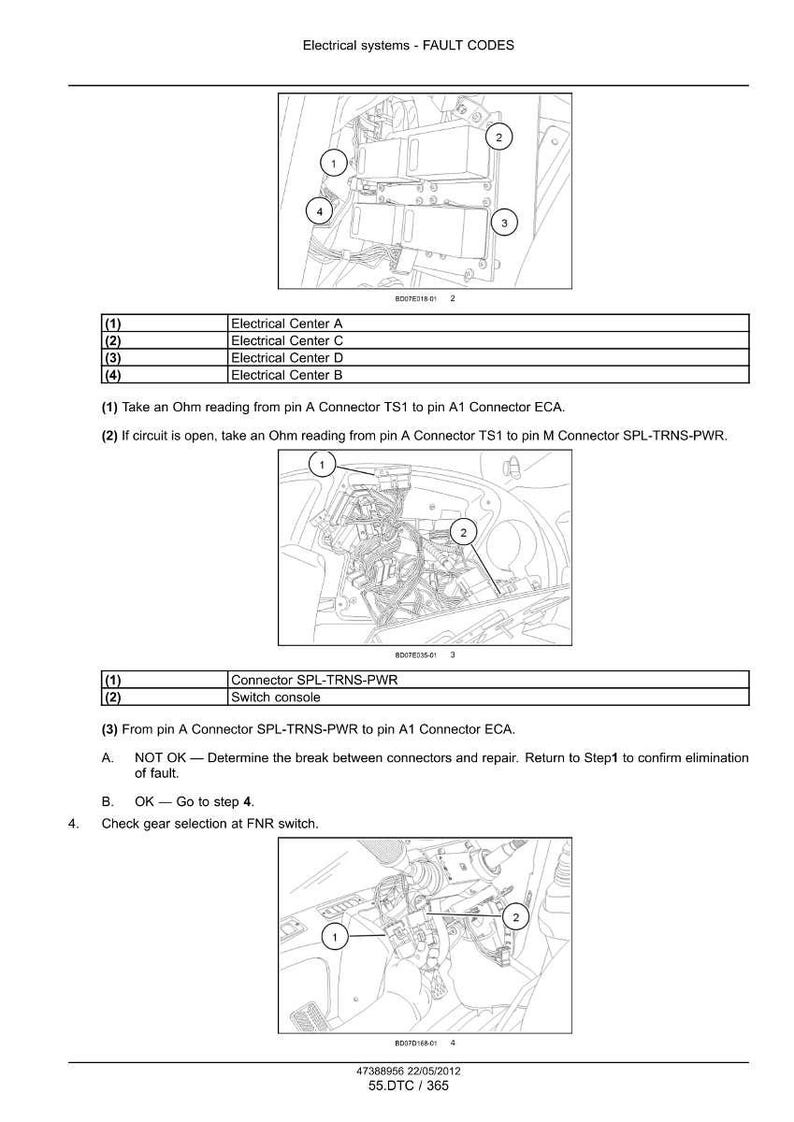 May include: Diagram of electrical components with fault codes. Includes images of electrical centers, connectors, and switch consoles. Text instructions detail troubleshooting steps for electrical system faults.