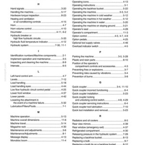 May include: A page from a manual with a detailed alphabetical index, listing topics like "Machine operation," "Hydraulic system," and "Quick coupler." The text is black on a white background.