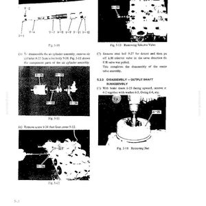 May include: A technical manual page featuring black and white diagrams labeled Fig 5-10 through Fig 5-18. The images illustrate mechanical disassembly steps for components including an air cylinder assembly, selector valve, and output shaft subassembly.