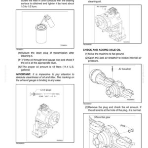 May include: Diagram of maintenance instructions for a machine, including steps for cleaning the air breather, checking and adding axle oil. Includes illustrations of parts like the air breather, differential gear, and oil level gauge.