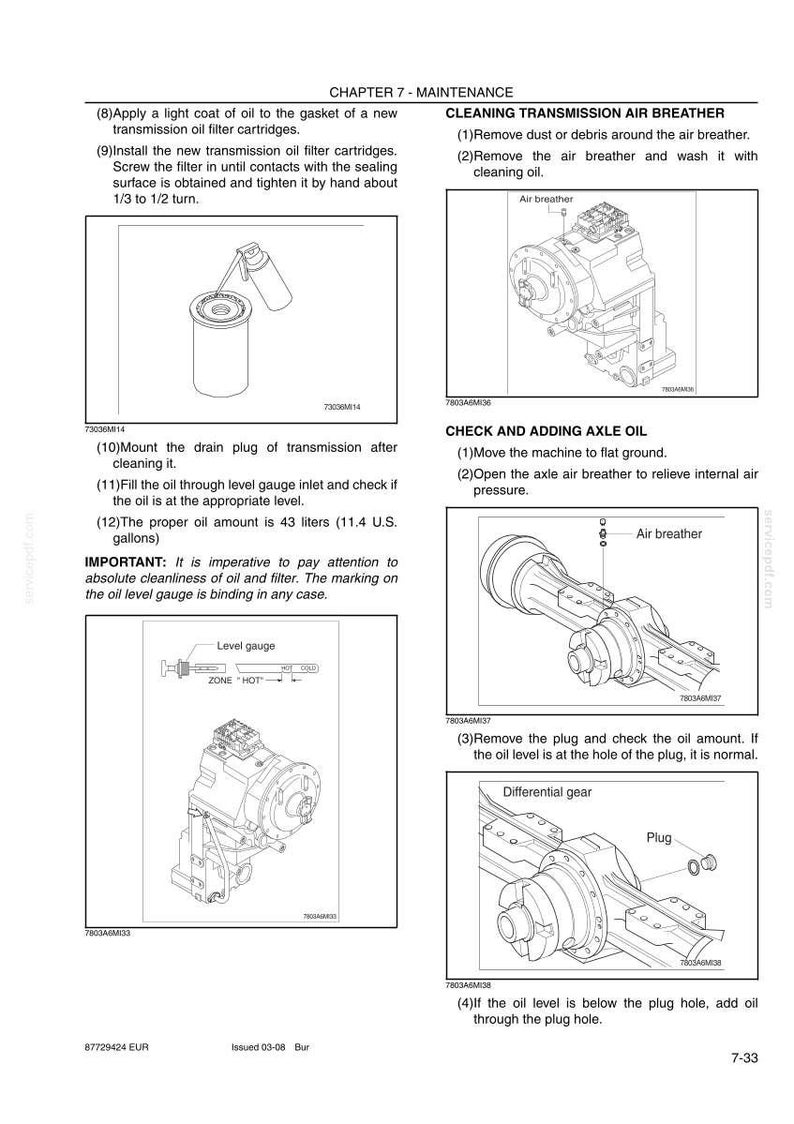 May include: Diagram of maintenance instructions for a machine, including steps for cleaning the air breather, checking and adding axle oil. Includes illustrations of parts like the air breather, differential gear, and oil level gauge.