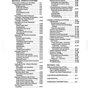 May include: Index page from a tractor hydraulic system service manual. The page lists various components and procedures, such as hydraulic pumps, valves, and troubleshooting guides. The text is black on a white background.
