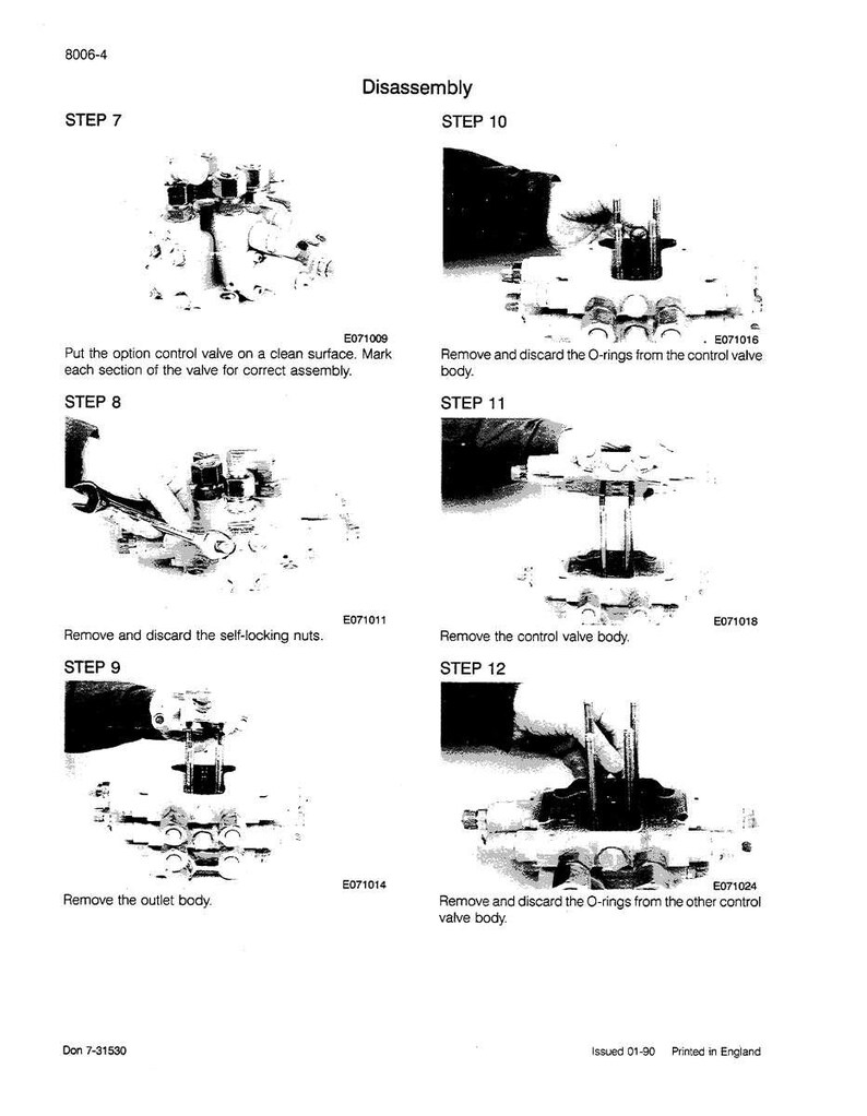 May include: A black and white diagram illustrating the disassembly of a control valve. The steps are numbered and include removing parts like O-rings, self-locking nuts, and the outlet body. Text labels identify each step.